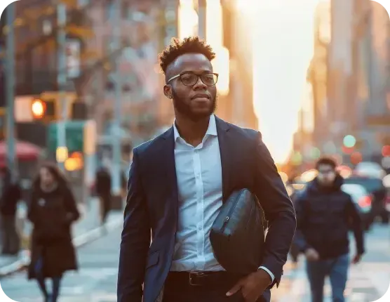 Man in a blazer carrying a bag down a busy city street at sunset
