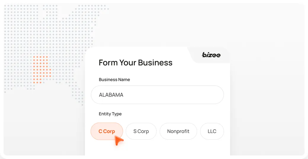 Bizee form with Alabama as the business name and C Corp selected over a dotted map