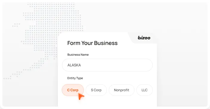 Bizee form with Alaska as the business name and C Corp selected over a dotted map