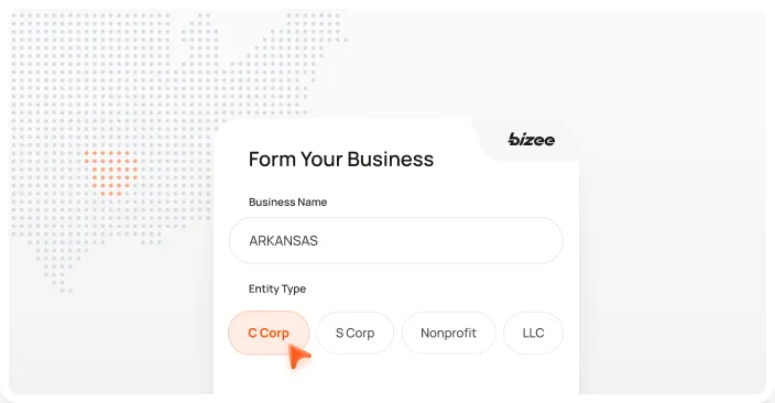 Bizee form with Arkansas as the business name and C Corp selected over a dotted map