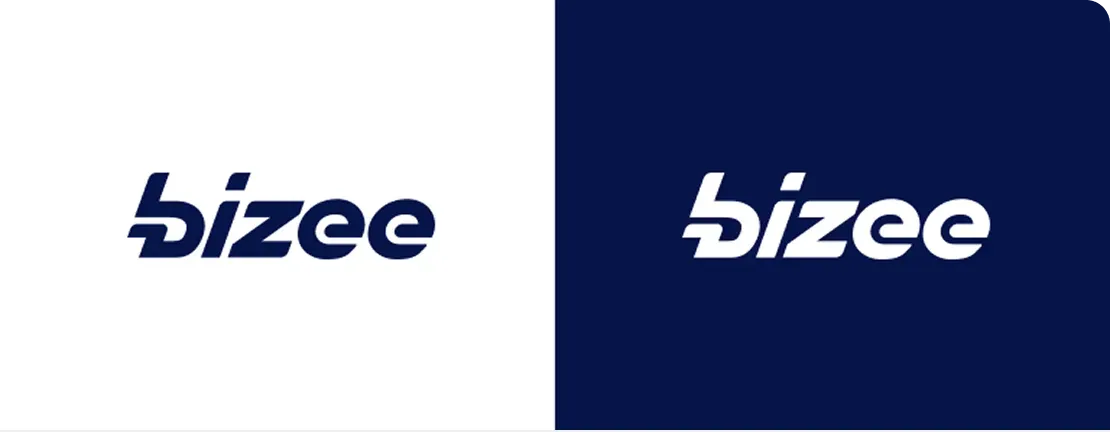 Bizee logo on white and dark blue backgrounds