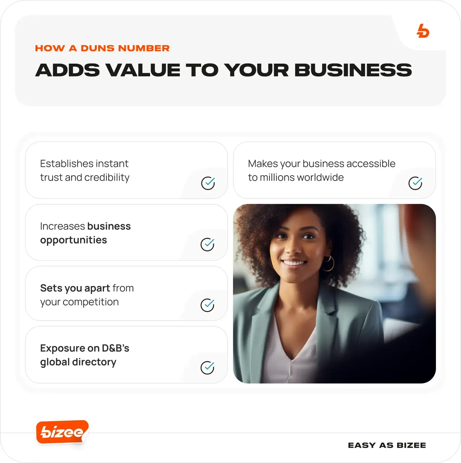 Graphic listing how a DUNS number adds value to a business, beside a smiling woman in a blazer