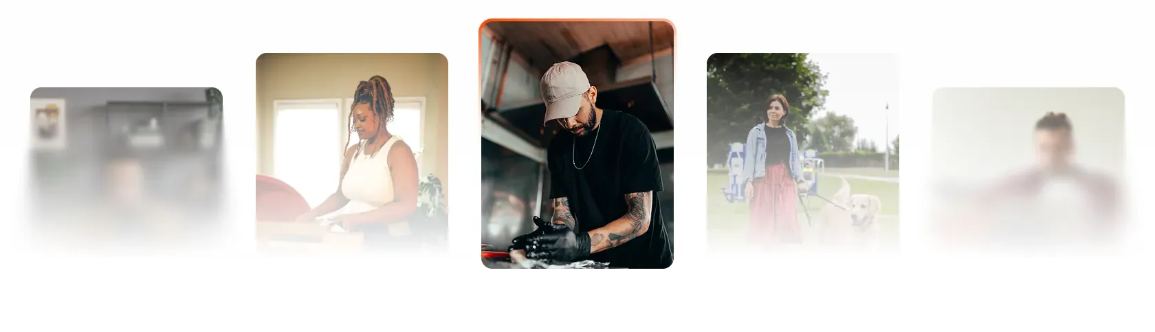 Row of portraits of entrepreneurs at work, with a tattooed man in a cap in the center