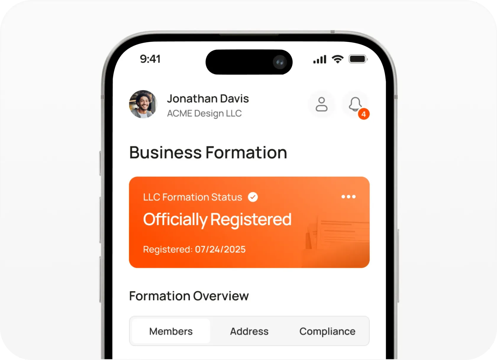 Bizee app on a phone showing an LLC formation status of Officially Registered