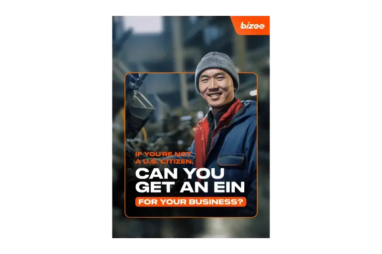 Guide cover asking whether a non-U.S. citizen can get an EIN, with a smiling worker in a beanie