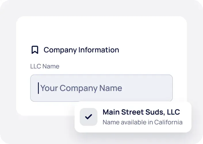 Company information form with an LLC name field and a name-available confirmation
