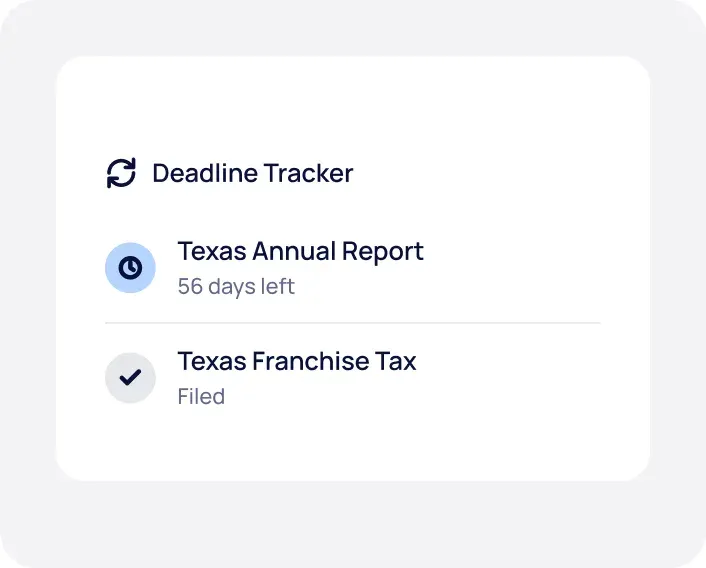 Deadline tracker showing a Texas annual report due and a Texas franchise tax filed