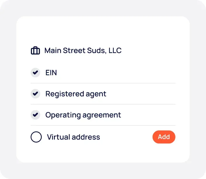 Checklist of EIN, registered agent and operating agreement, with a virtual address to add