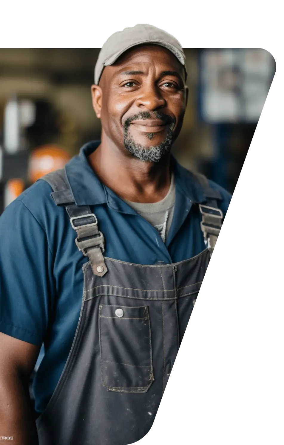 Smiling worker in a cap and overalls standing in a workshop