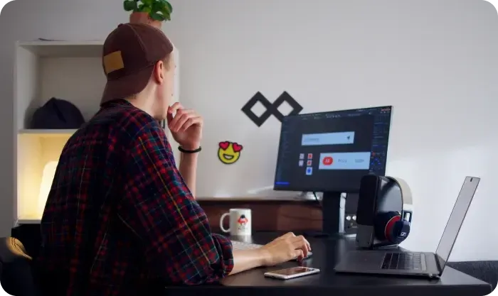 Person in a plaid shirt and cap at a desk with a monitor showing design software