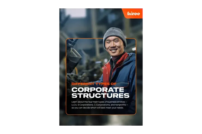 Cover of a Bizee guide titled Different Types of Corporate Structures, with a smiling worker in a beanie