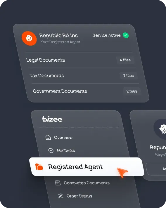 Registered Agent dashboard showing active service and stored legal, tax, and government documents
