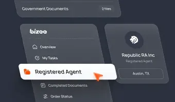 Registered Agent dashboard showing active service and stored legal, tax, and government documents