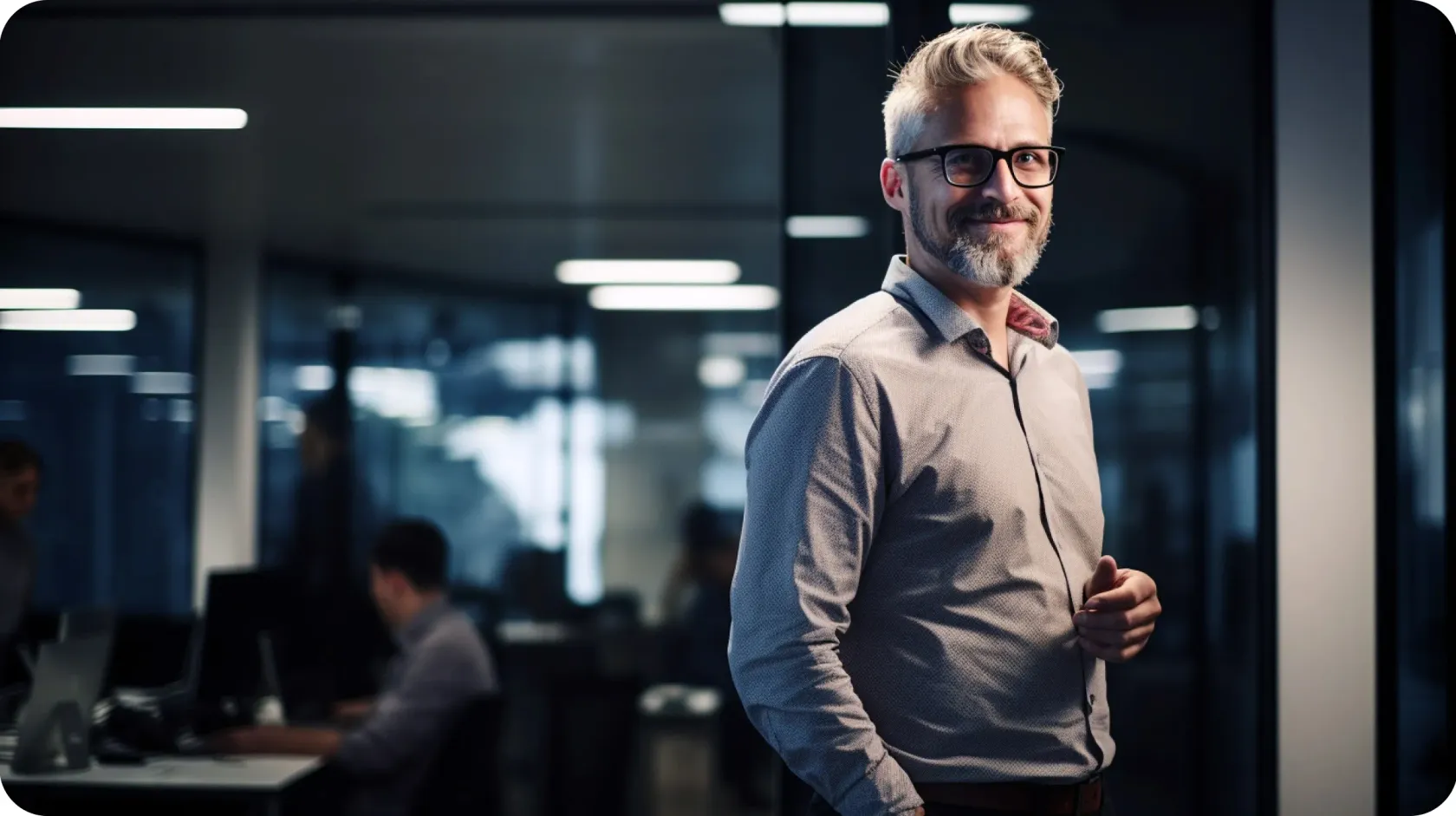 Elegant Man Smiling Camera Standing Office Space