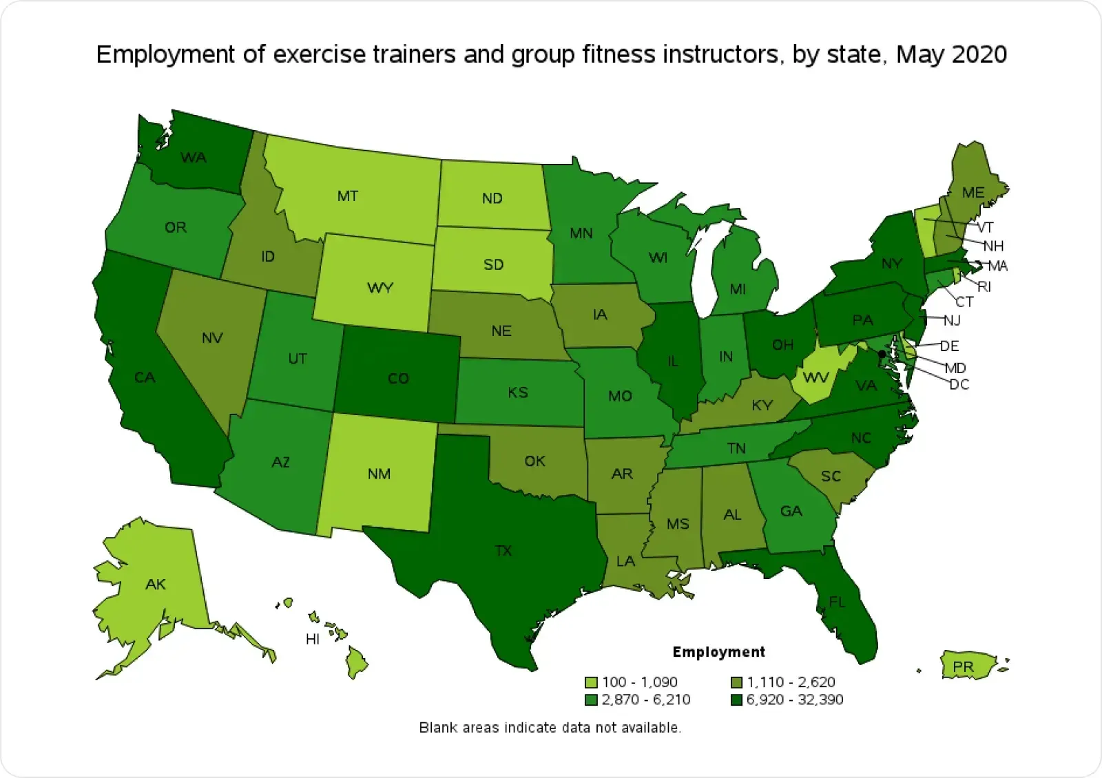 Map of US states shaded by employment of exercise trainers and group fitness instructors, May 2020