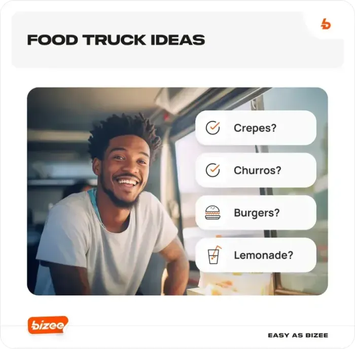 Infographic of food truck ideas, crepes, churros, burgers and lemonade, with a smiling vendor