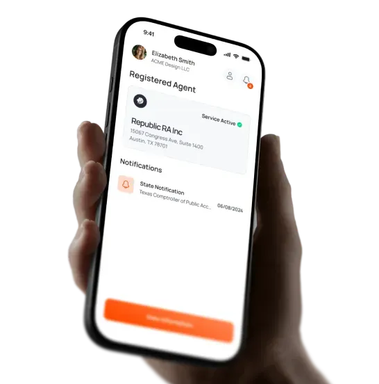 Hand holding a phone showing an active Registered Agent service and state notifications
