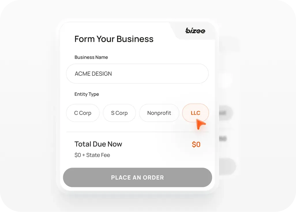 Bizee order form with business name ACME Design, LLC selected and a total due of $0 plus state fee