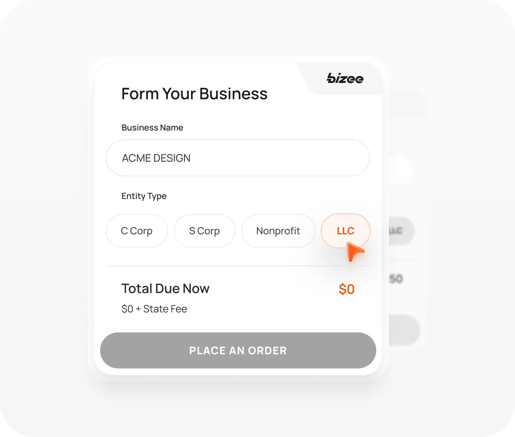 Bizee order form with business name ACME Design, LLC selected and a total due of $0 plus state fee