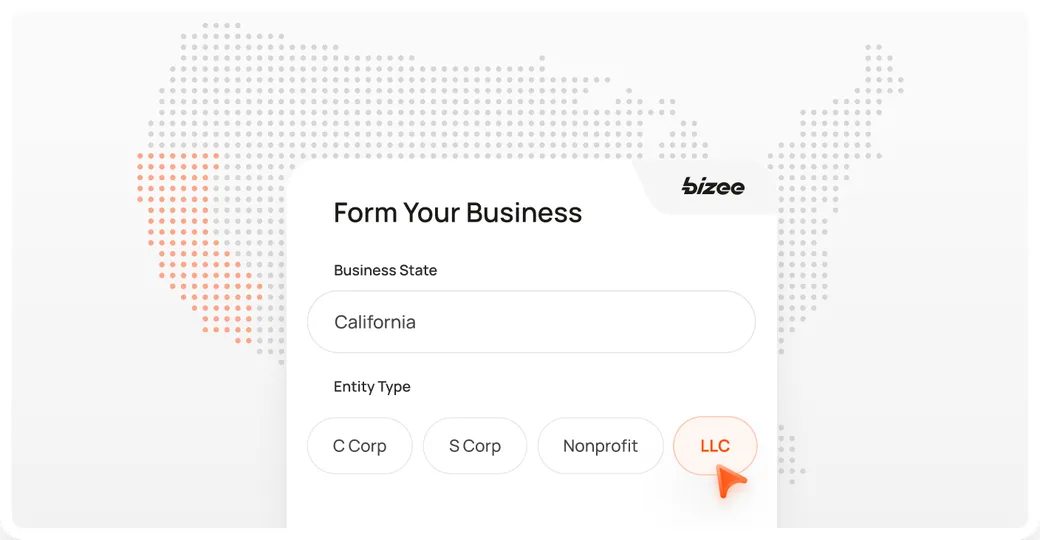 Bizee form with California entered as the business state and LLC selected, over a dotted US map