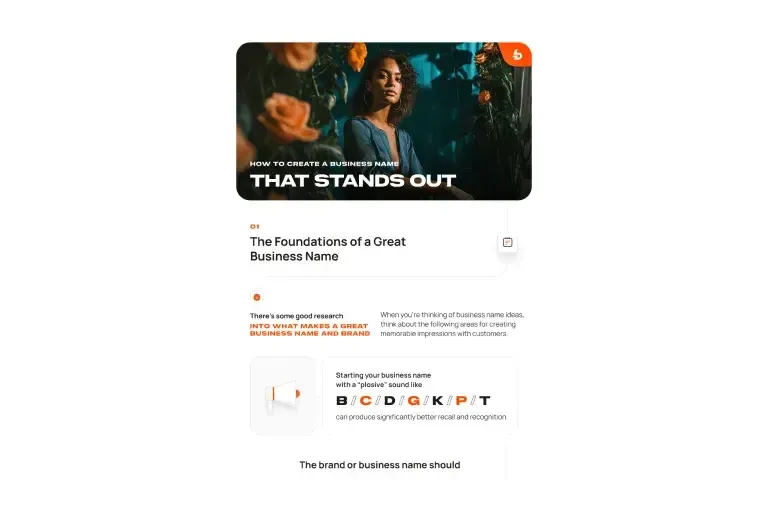 Guide cover titled How to create a business name that stands out, with tips on memorable sounds