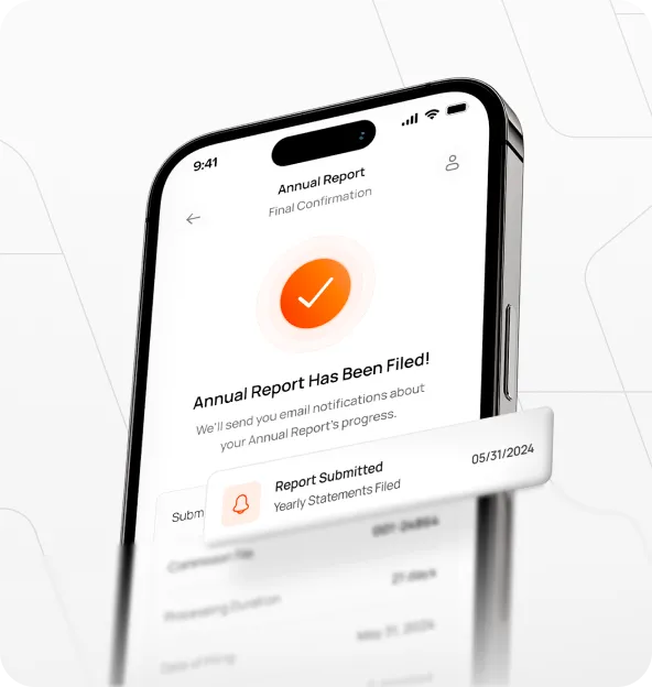 Bizee app on a phone showing a confirmation that the annual report has been filed
