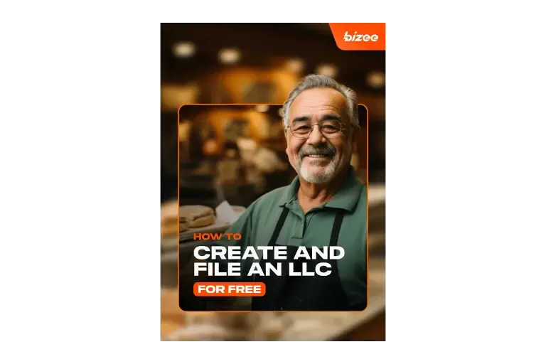 Guide cover titled How to create and file an LLC for free, showing a smiling older man in an apron