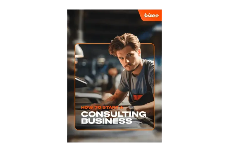 Guide cover titled How to start a consulting business, showing a man at a workbench