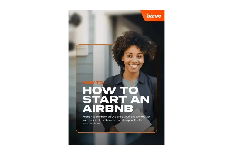 Bizee guide cover "How to start an Airbnb" with a smiling woman holding a clipboard outside a home