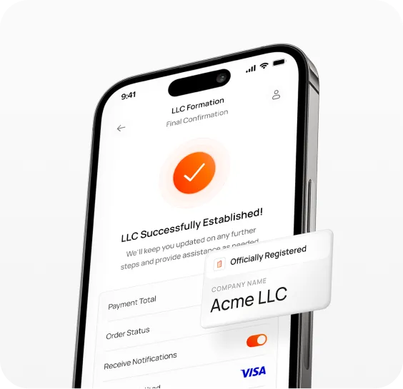 Bizee mobile app confirmation screen reading LLC successfully established, with company Acme LLC officially registered