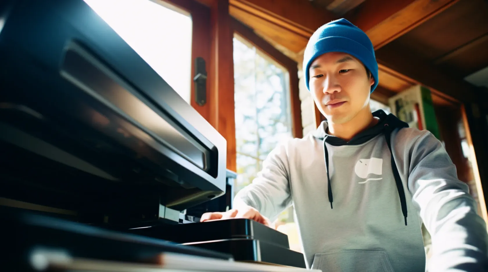Man Blue Hat Sweatshirt Working Printer