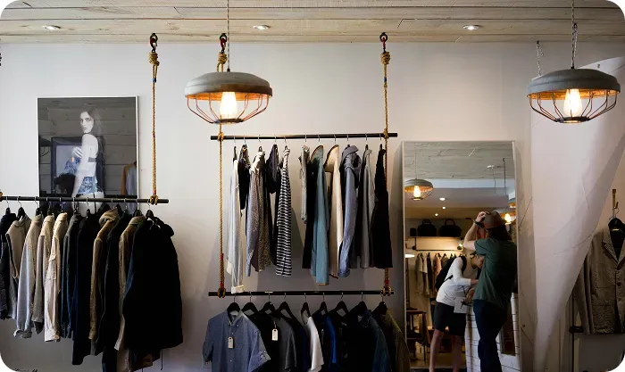 Boutique clothing store with garments on hanging racks and a shopper near a mirror