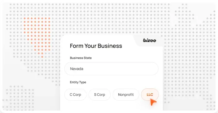 Bizee formation form for a Nevada LLC with the state highlighted on a dotted U.S. map