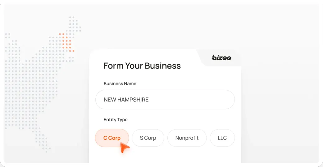 Bizee formation form for New Hampshire with the state highlighted on a dotted U.S. map