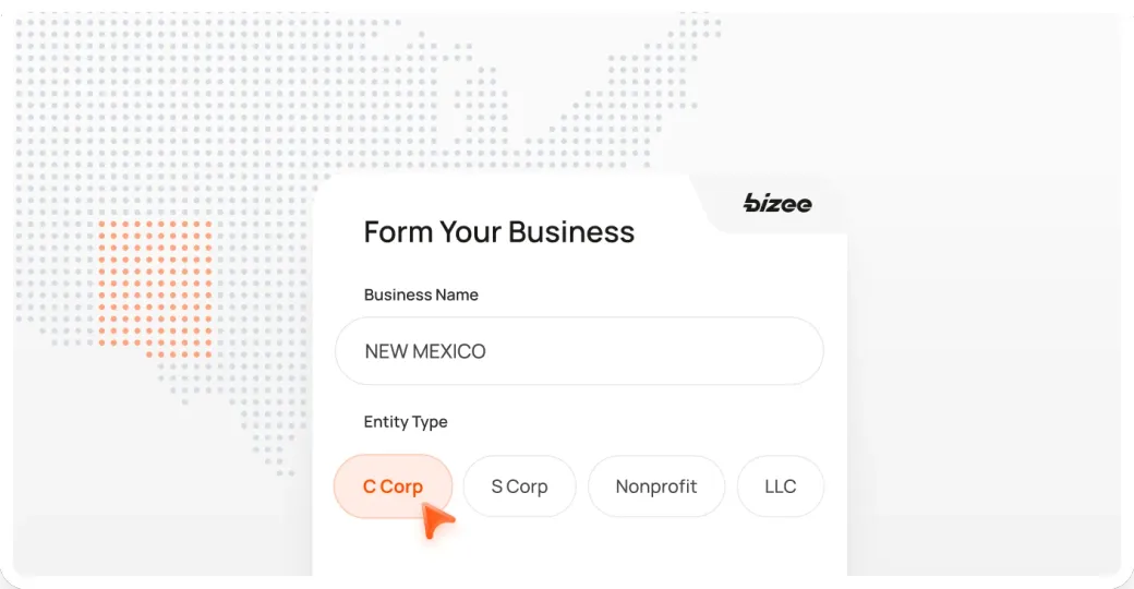 Bizee formation form for New Mexico with the state highlighted on a dotted U.S. map