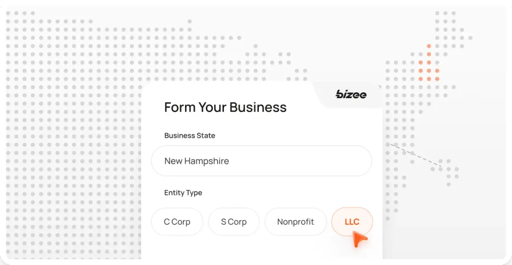 Bizee formation form for a New Hampshire LLC with the state highlighted on a dotted U.S. map