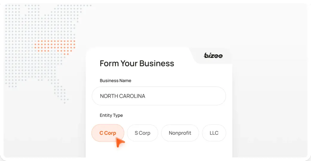 Bizee formation form for North Carolina with the state highlighted on a dotted U.S. map