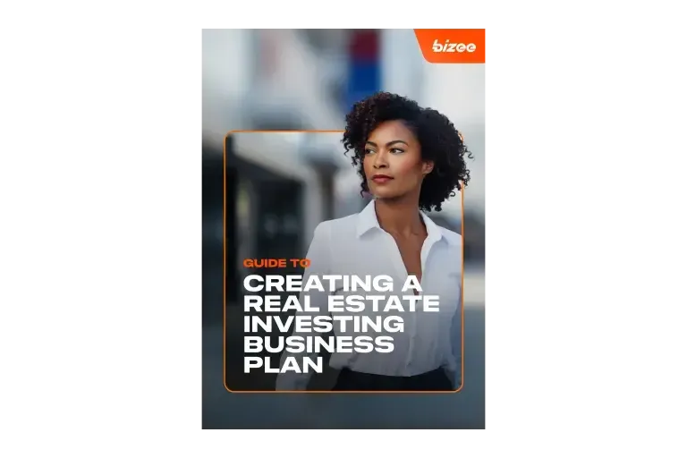 Guide cover titled Creating a Real Estate Investing Business Plan, showing a woman in a white blouse