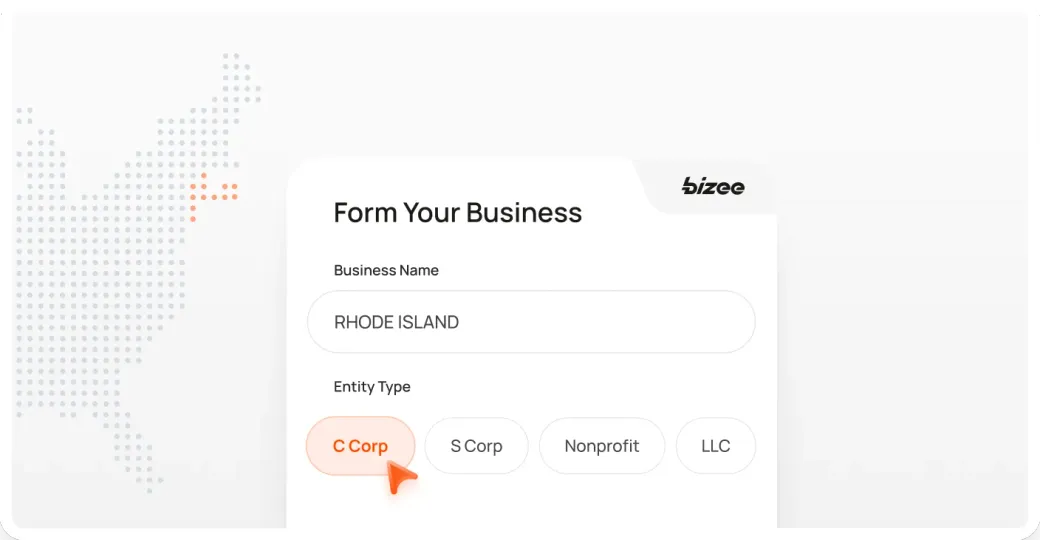 Form Your Business screen with Rhode Island entered and entity type options, beside a dotted US map