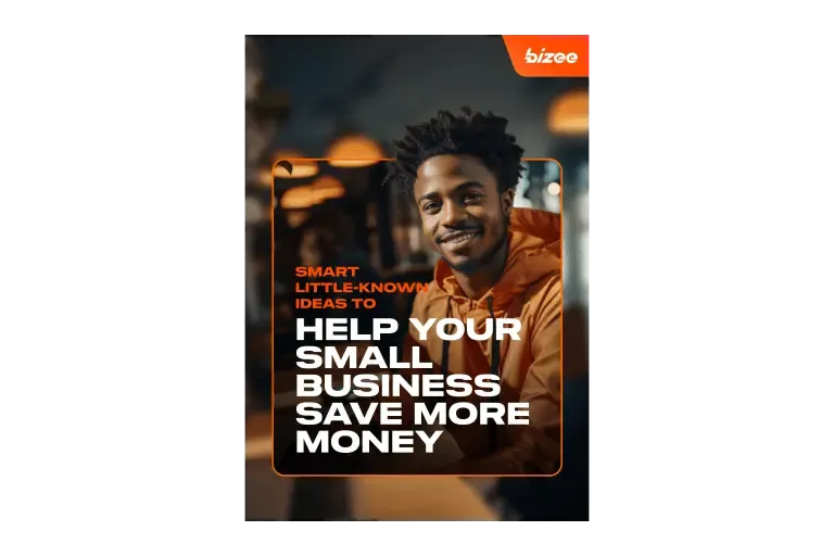 Guide cover on ideas to help a small business save more money, showing a smiling man in an orange hoodie