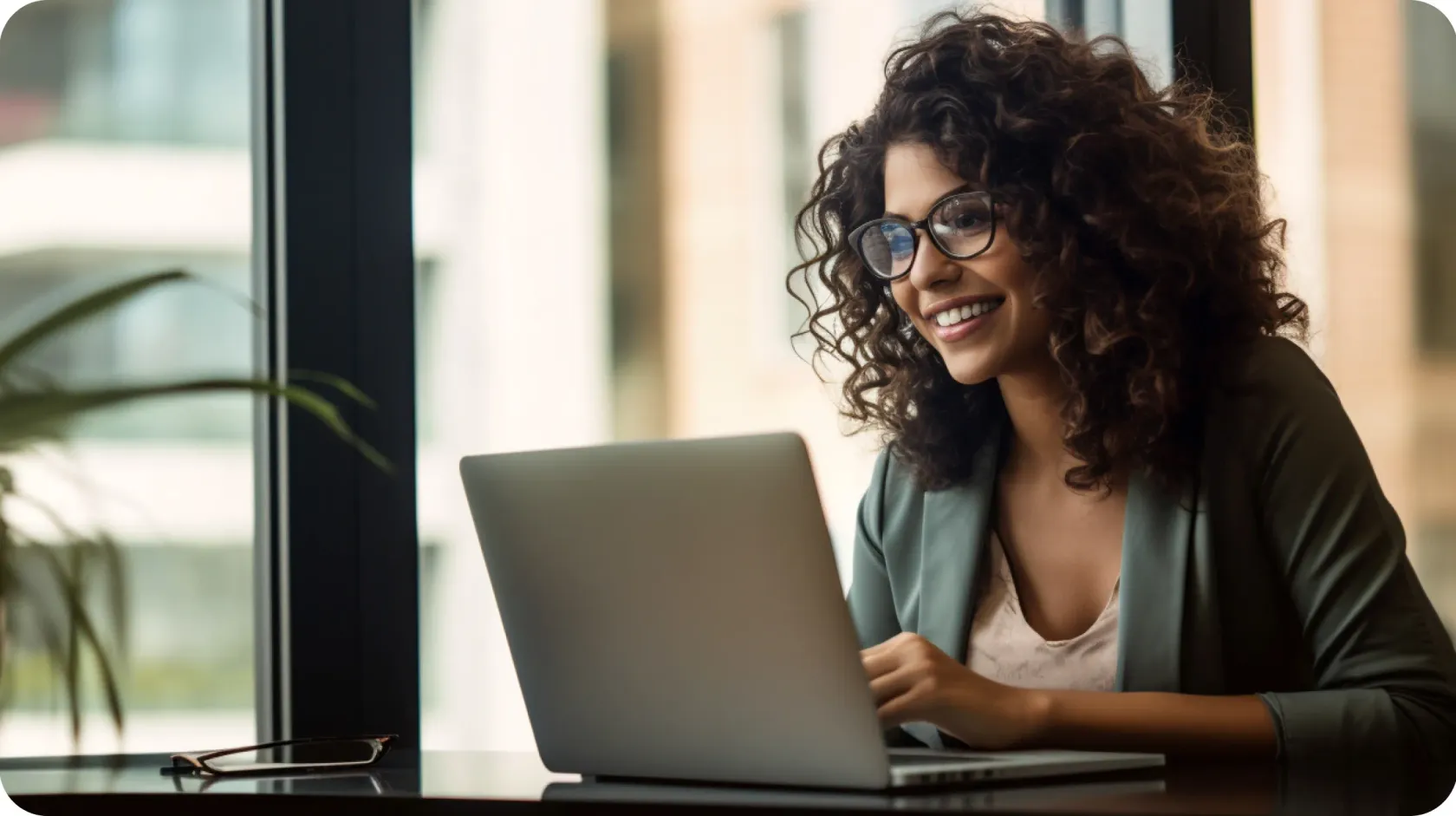 Smiling Woman Skyscraper Office Working Laptop