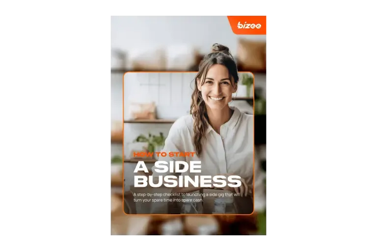 Bizee guide cover titled How to start a side business, with a smiling woman in a shop