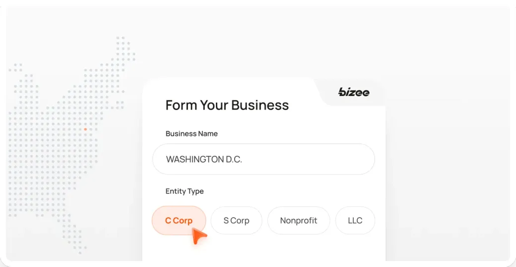 Bizee form with Washington D.C. entered as the business name and C Corp selected over a dotted US map