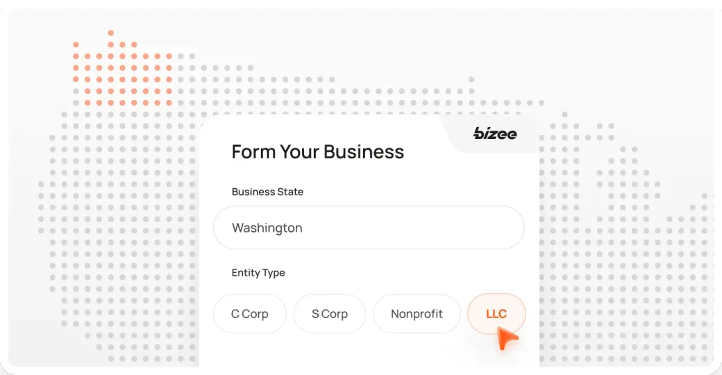 Bizee form with Washington as the business state and LLC selected over a dotted US map