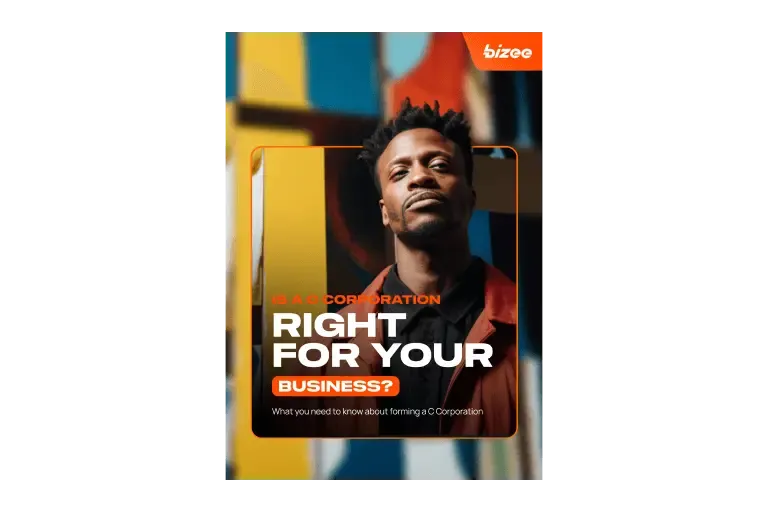 Bizee guide cover "Is a C Corporation right for your business?" with a man in a red jacket