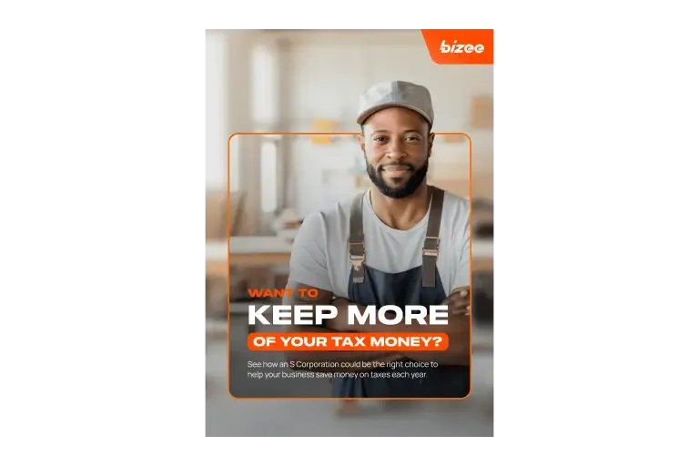Bizee guide cover "Want to keep more of your tax money?" with a smiling man in an apron and cap