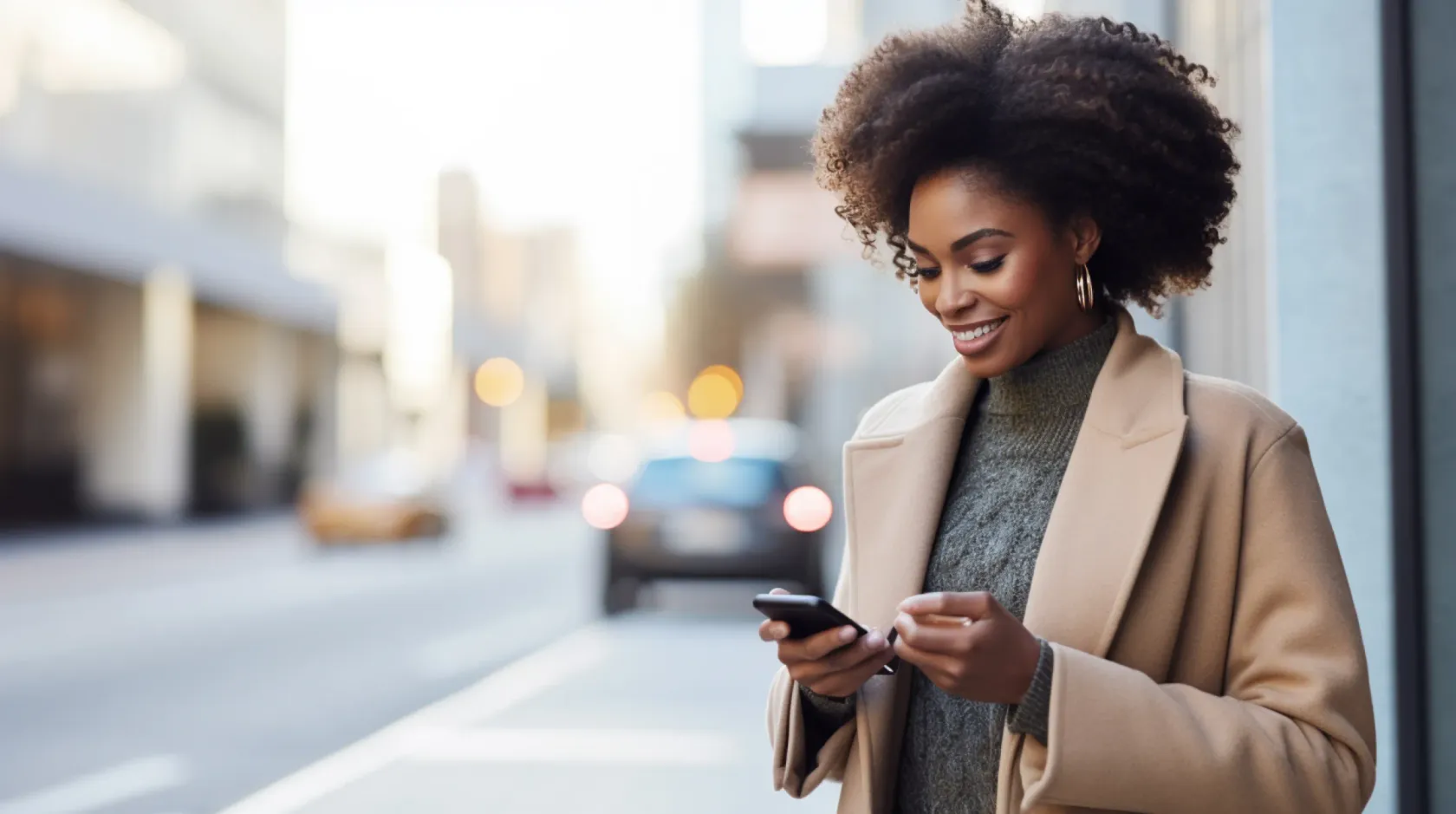 Woman Coat Glances Phone