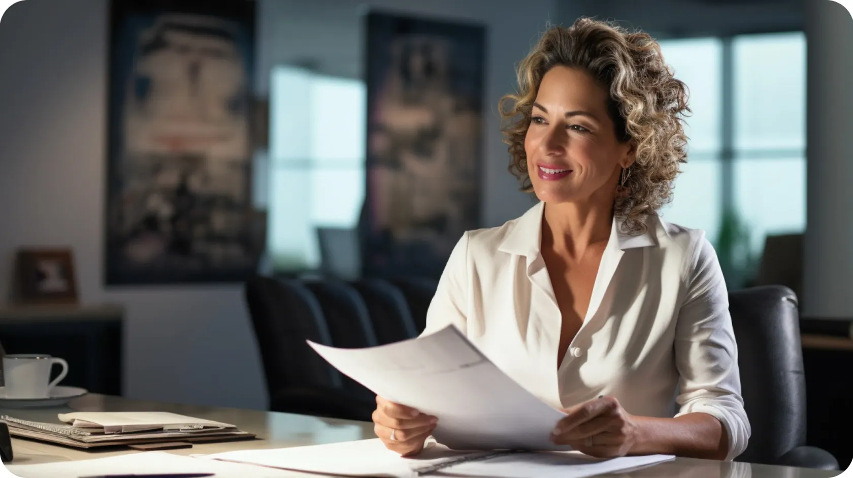 Woman Sitting By Desk Holding Documents