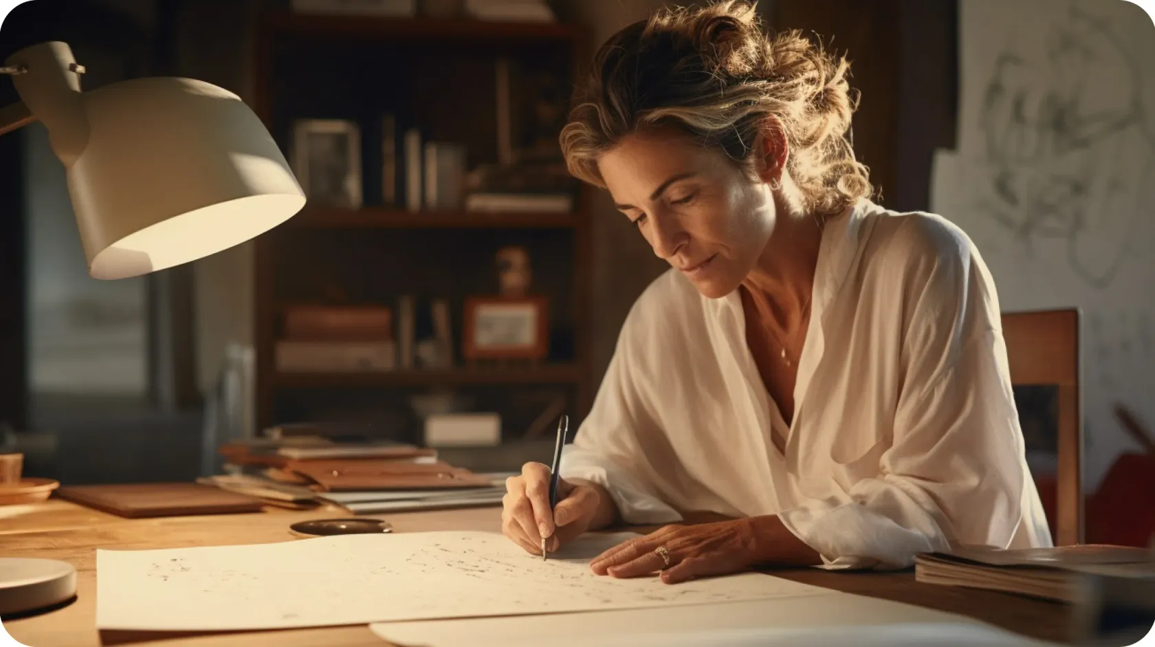 Woman Sitting Desk Signing Company Documents