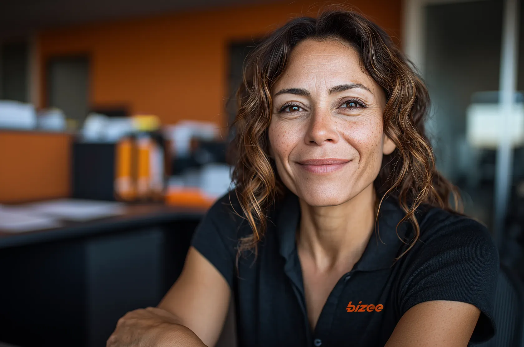 Smiling woman in a Bizee polo shirt sitting in an office with orange walls